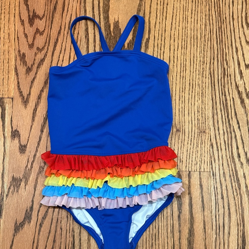 Hanna Andersson Blue One Piece with Rainbow Ruffles